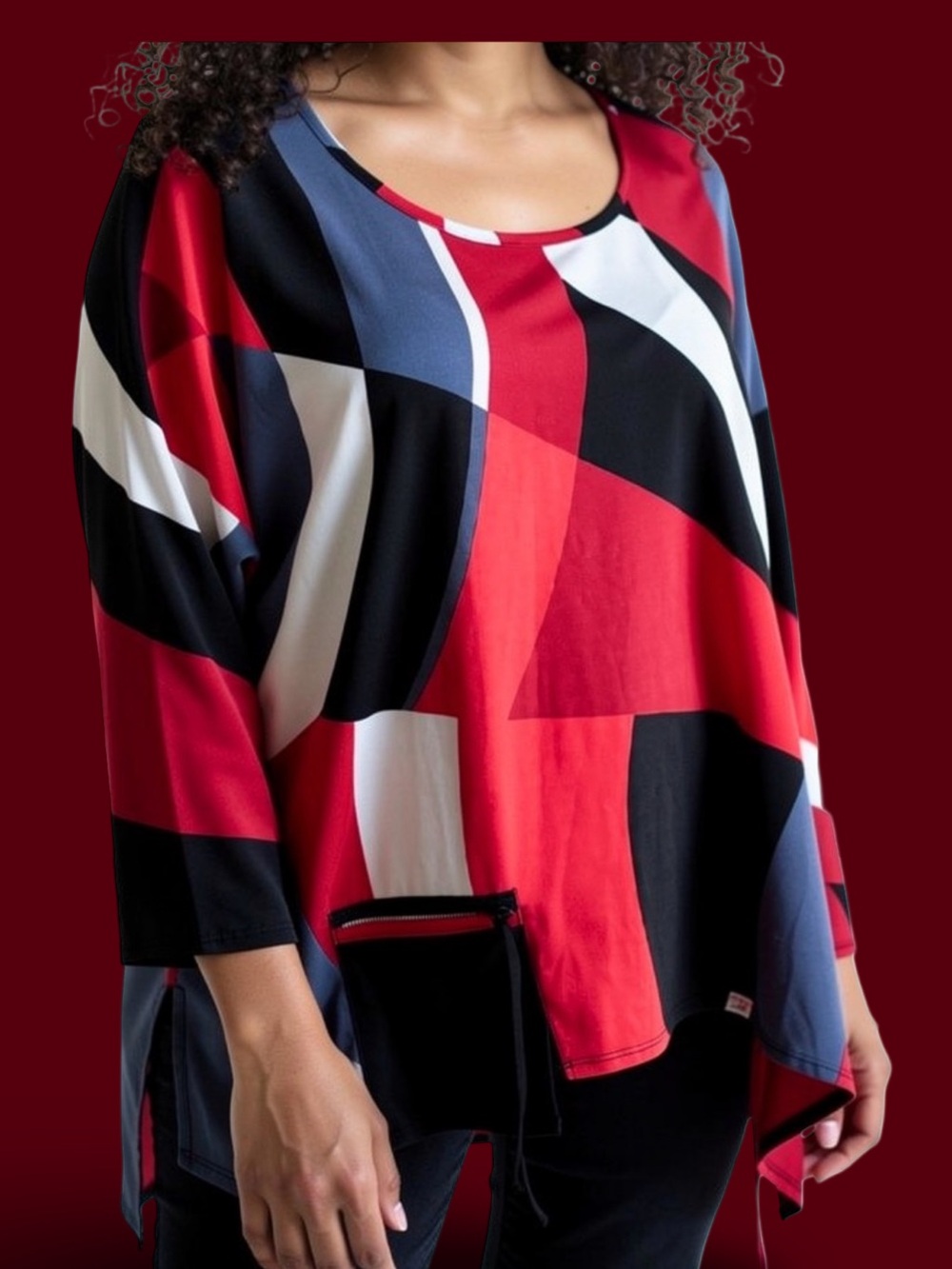 Women’s Abstract Print Long-Sleeve Top in Red and Black